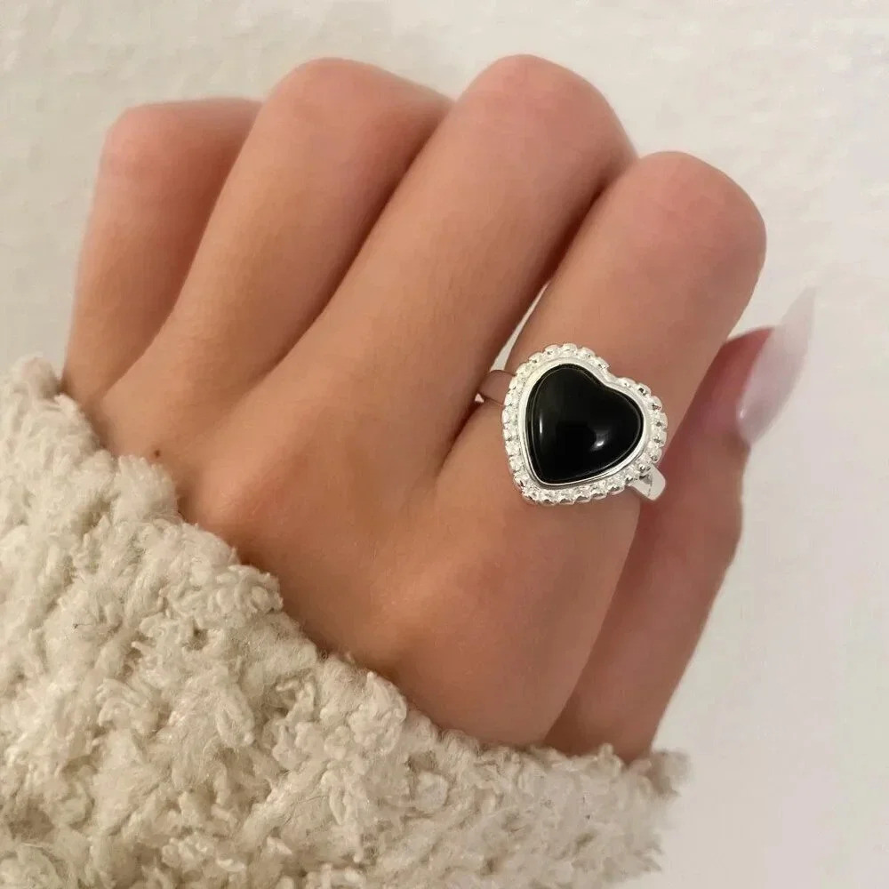 925 Sterling Silver Black Heart Ring Minimalist Heart Ring Black & Silver Ring
